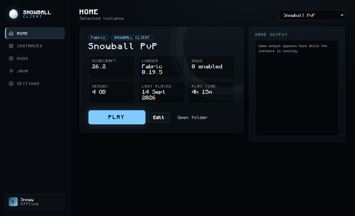 The Snowball Client launcher home screen with an instance ready to play