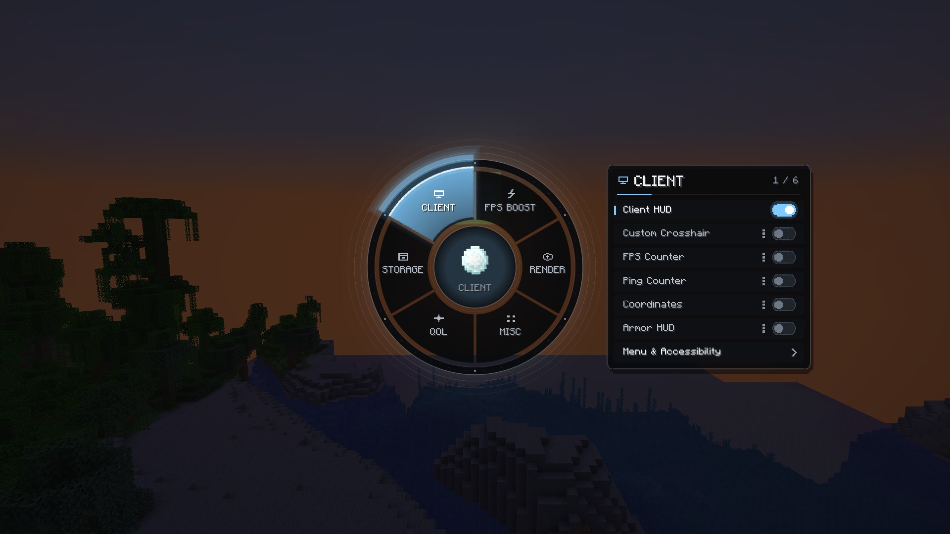 The Snowball Client radial menu in game, with the CLIENT category open